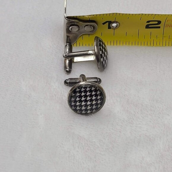 Vintage Houndstooth Pattern Round Cufflinks Black White Silver Tone - Picture 8 of 8